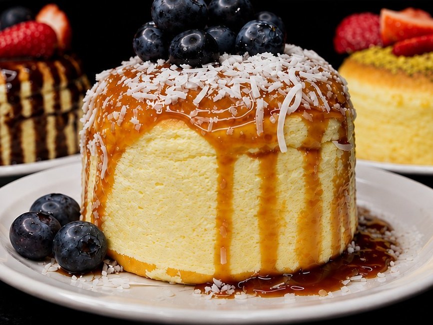 Gâteau nappé de caramel, noix de coco et bleuets — photo Soufflé